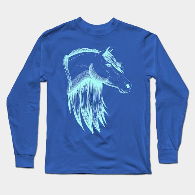 Aqua Horse Sketch Long Sleeve T-Shirt by Lady Lilac